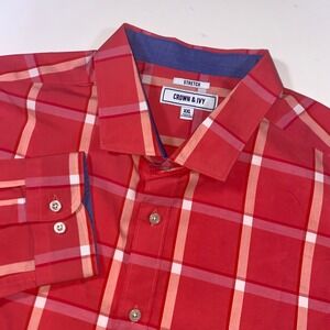 Crown & Ivy Mens XXL Red Orange Plaid Stretch Long Sleeve Button Down Shirt I213